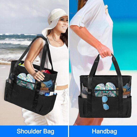 Women's Black Mesh Beach Tote Waterproof Sandproof Foldable Beach Bag - Picture 8 of 8
